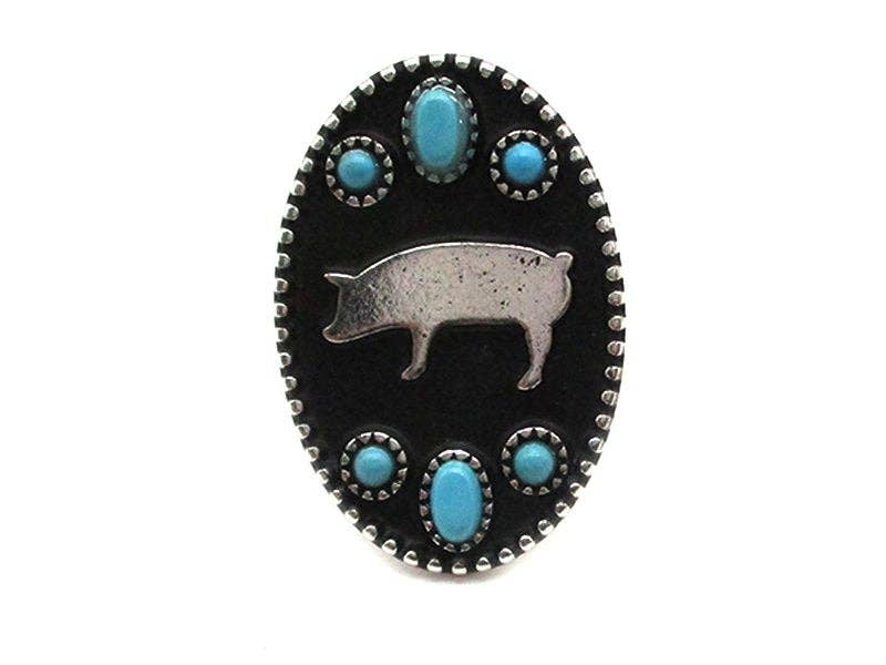 Western Oval Pig Silhouette Turquoise Cuff Ring