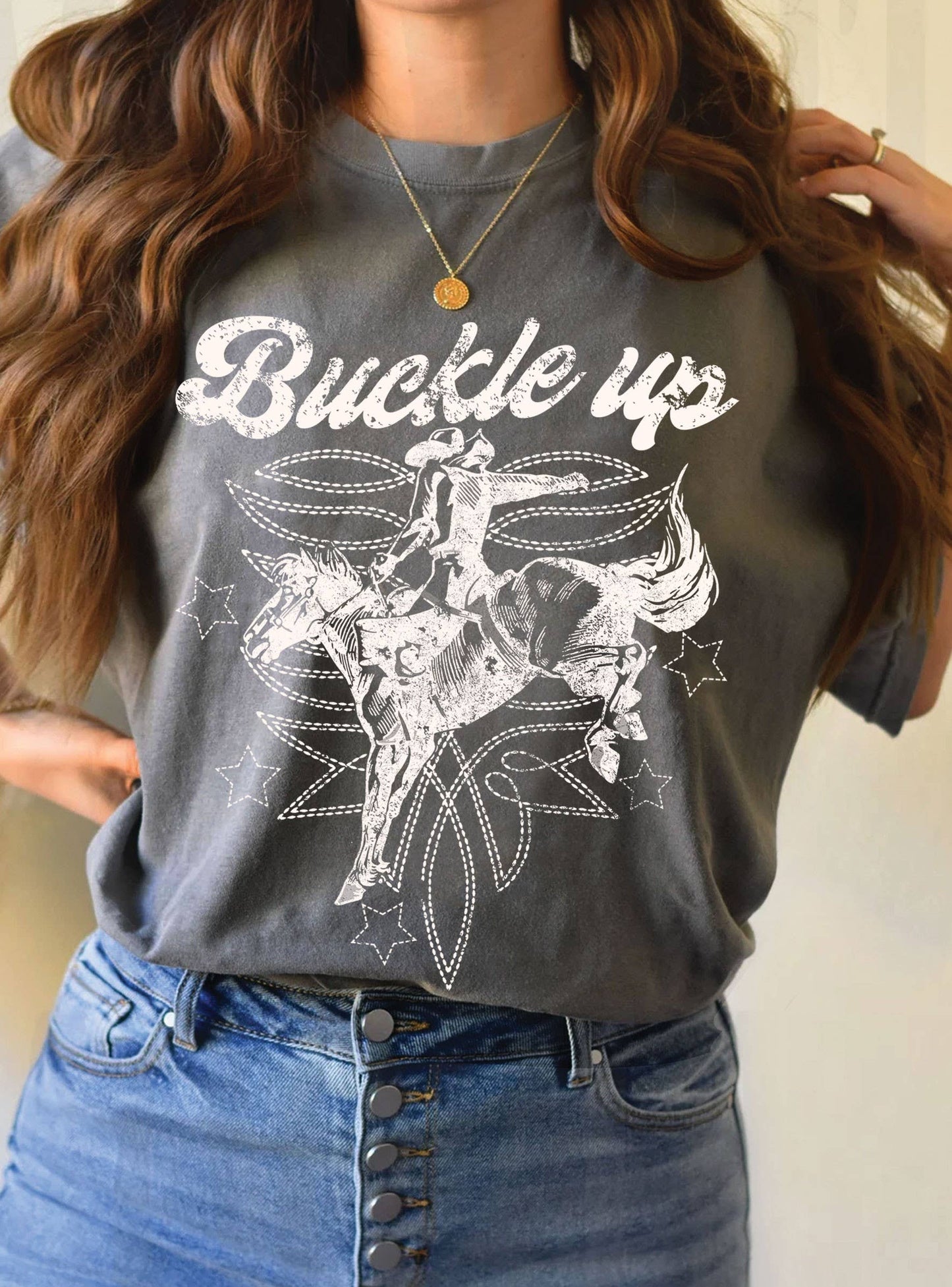 BUCKLE UP COWBOY BOOTS STITCH PATTERN GRAPHIC TEE