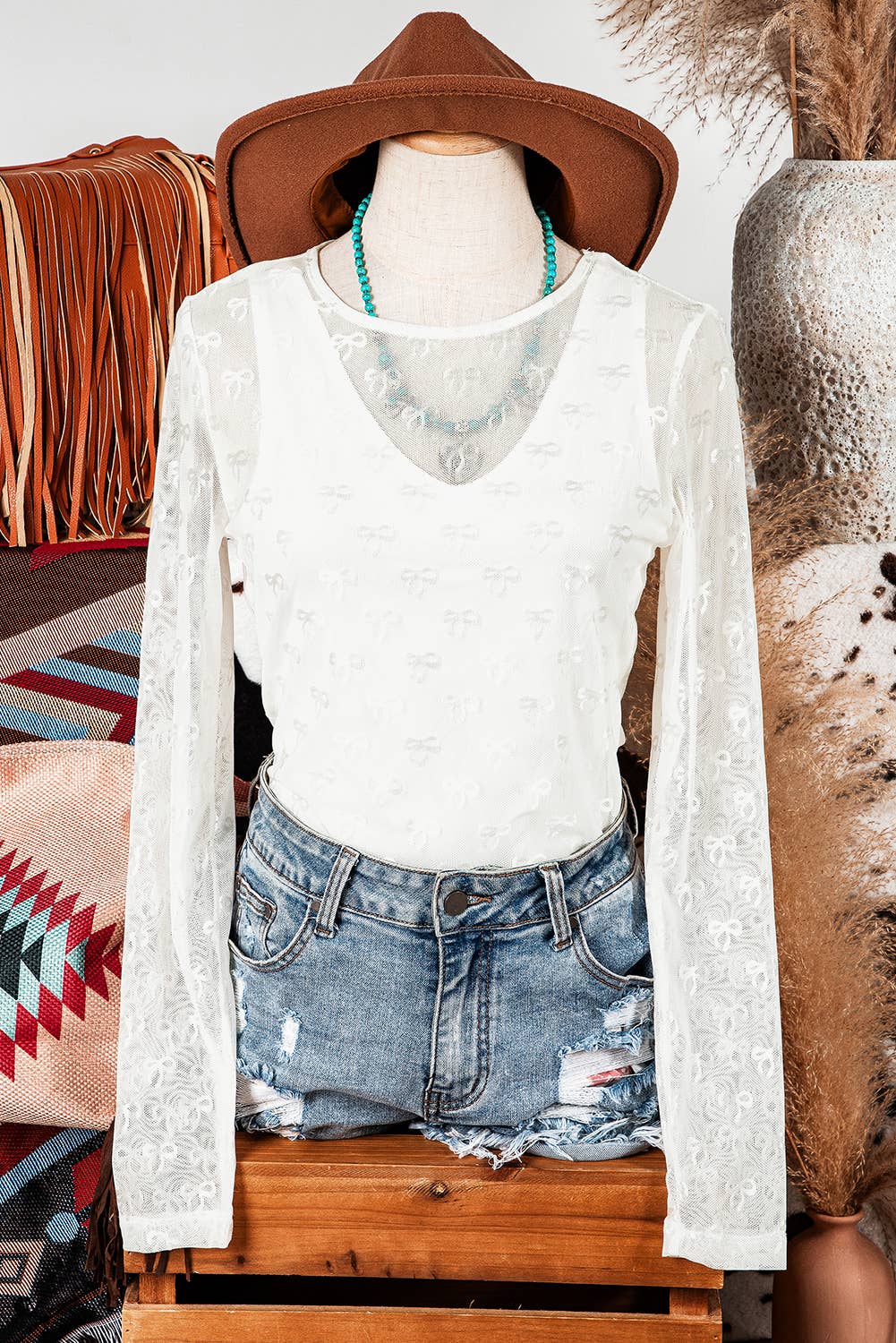 Fashion-W Mesh Bow Pattern Long Sleeve Top