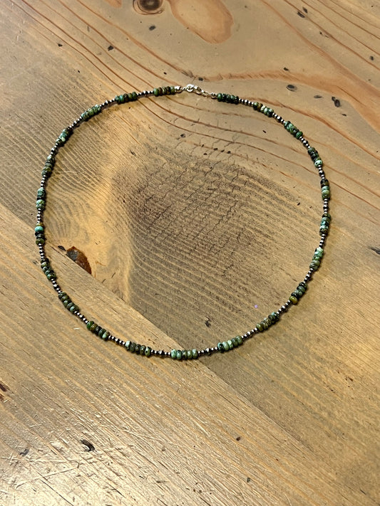 African Turquoise and Sterling Pearl Necklace