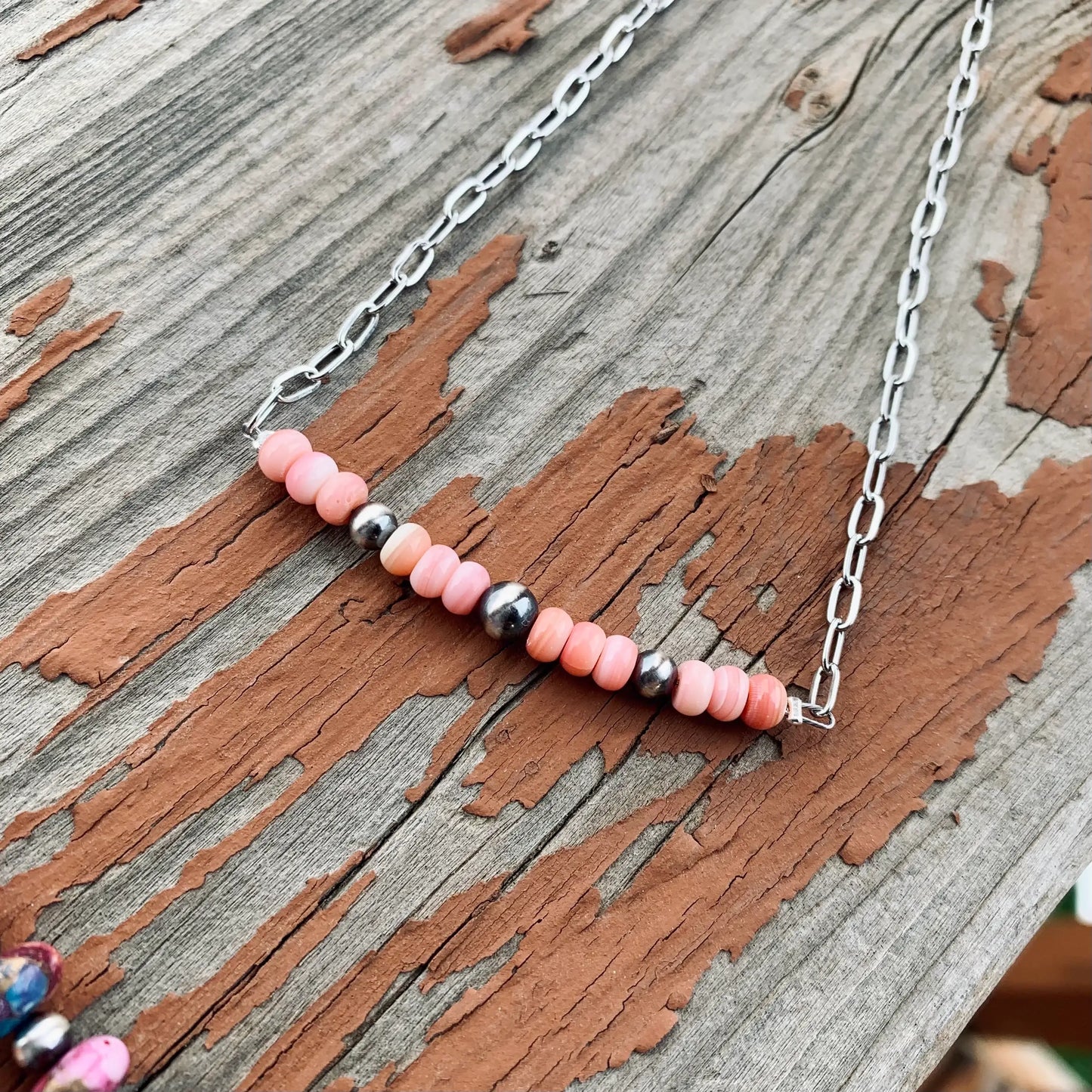 Genuine Pink Conch and Navajo Pearl Bar Necklace