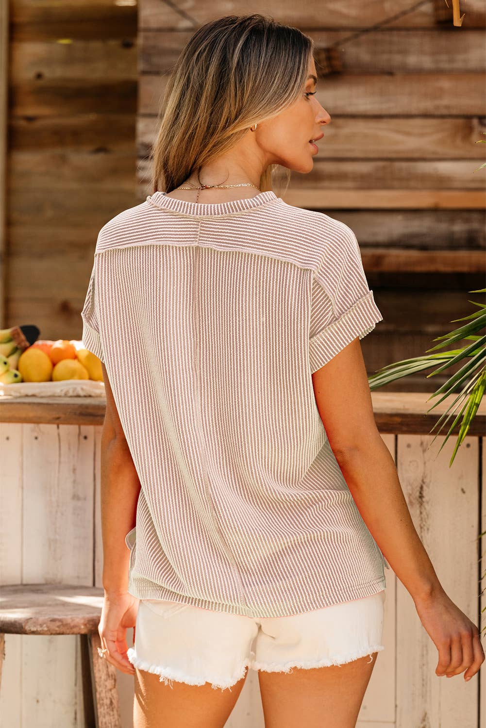 Textured Knit Exposed Stitching T-shirt