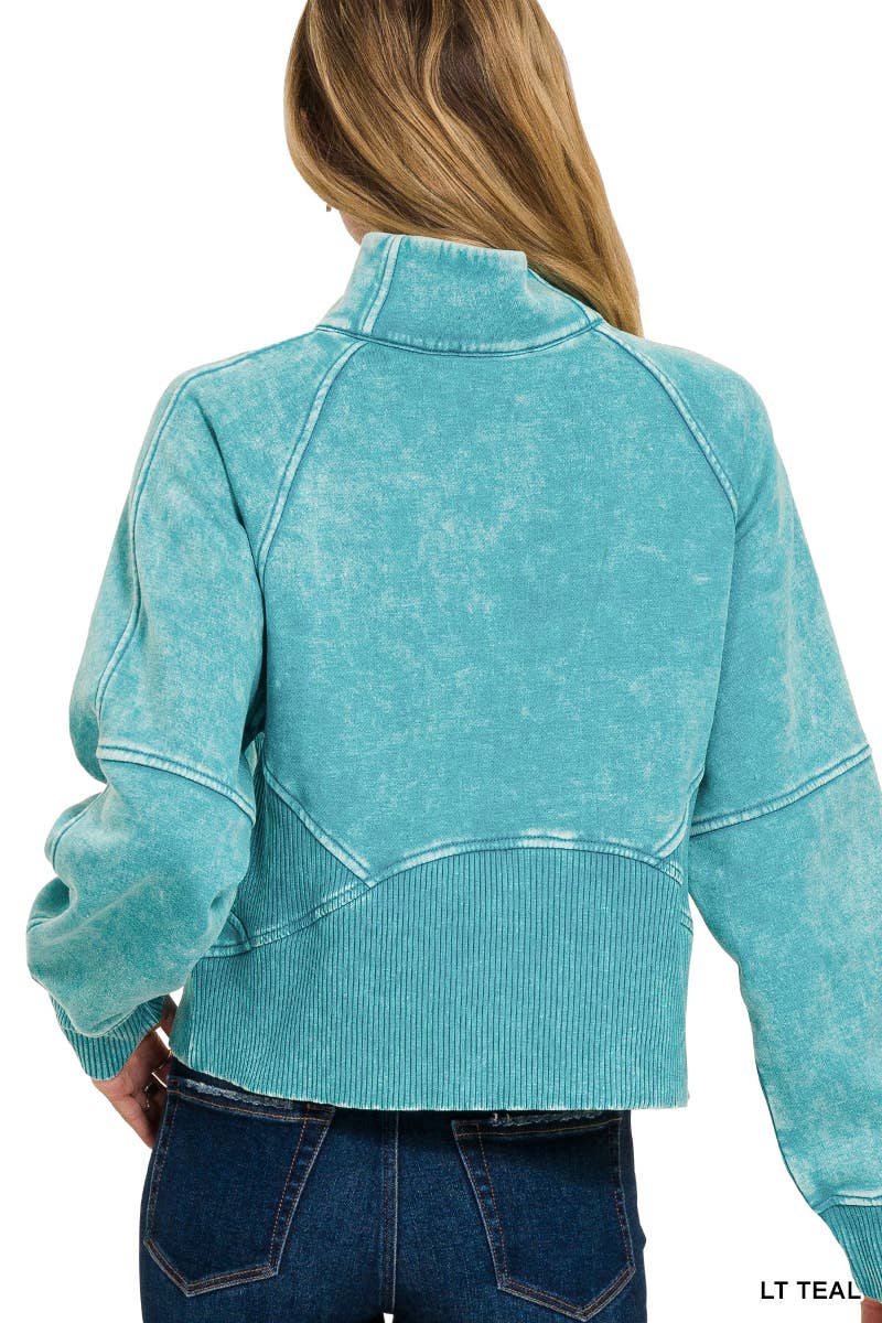 Acid Washed Half Zip Fleece Pullover Kangaroo Pocket