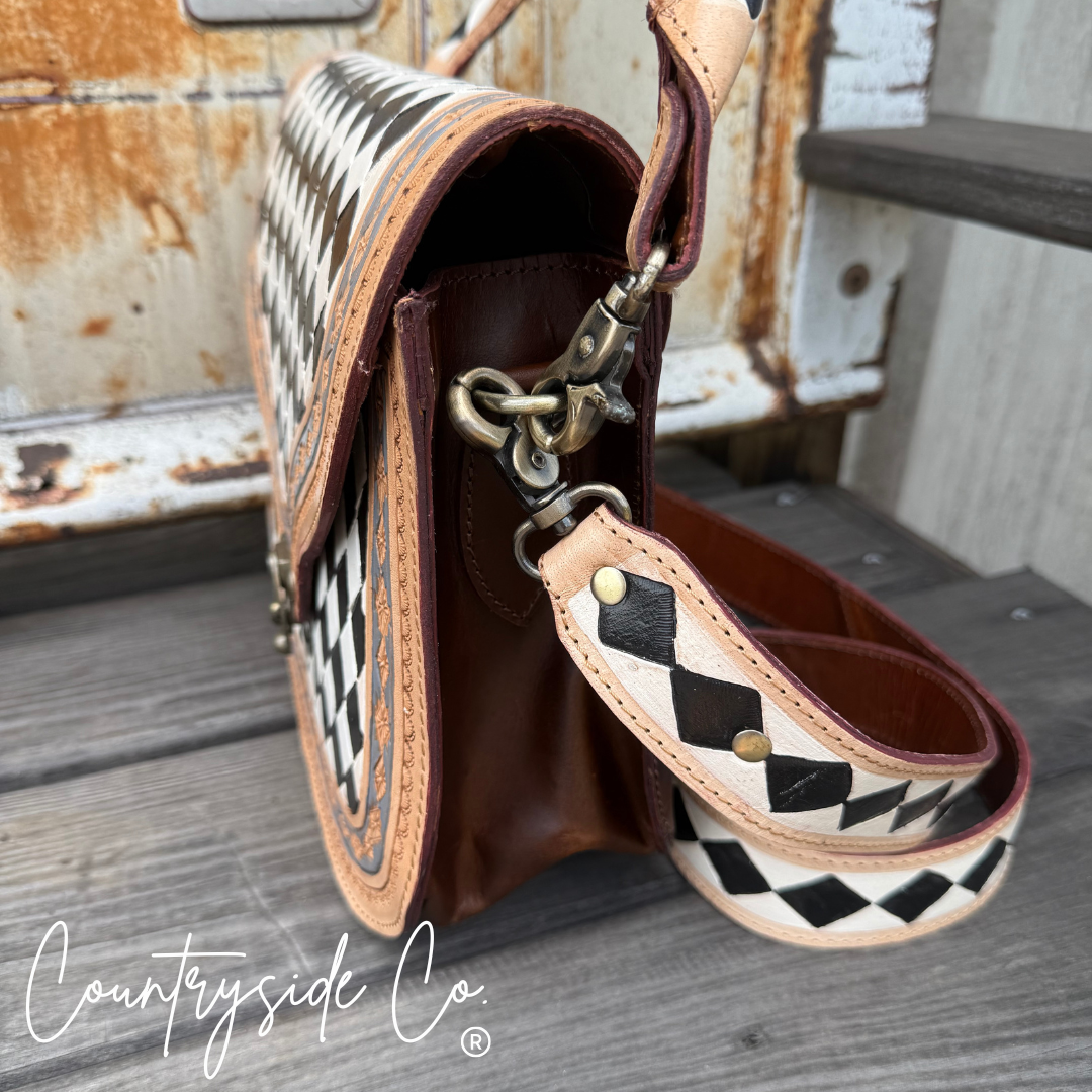 Zadie Tooled Leather Checkered Handbag, Hand Painted