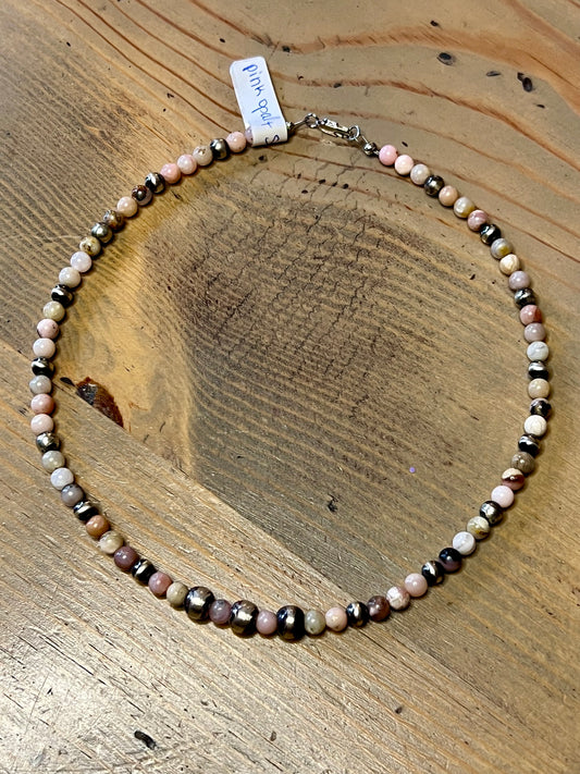 Pink Opal and Sterling Silver Pearl Necklace