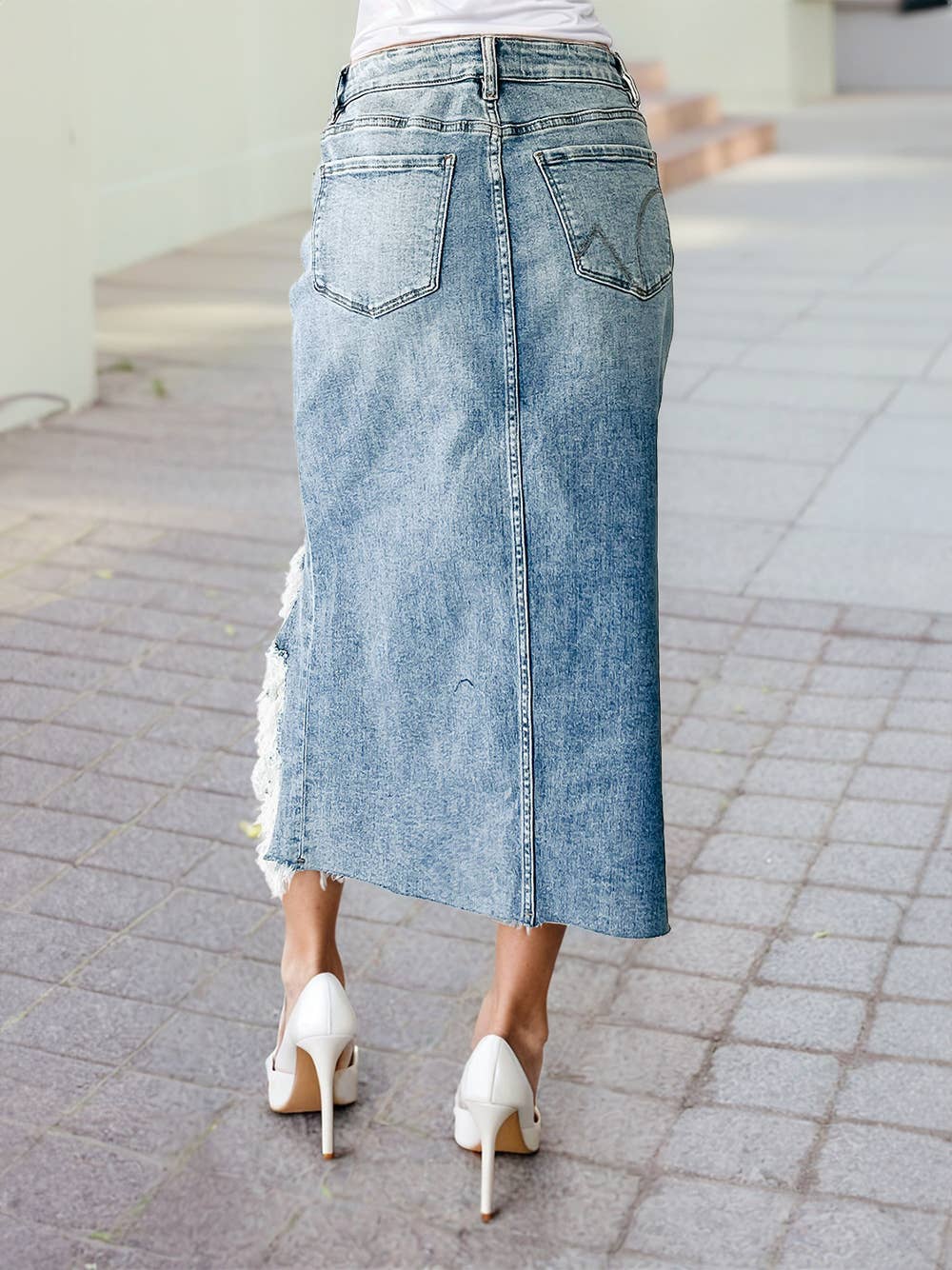 Irregular Distressed Bottom Denim Midi Skirt