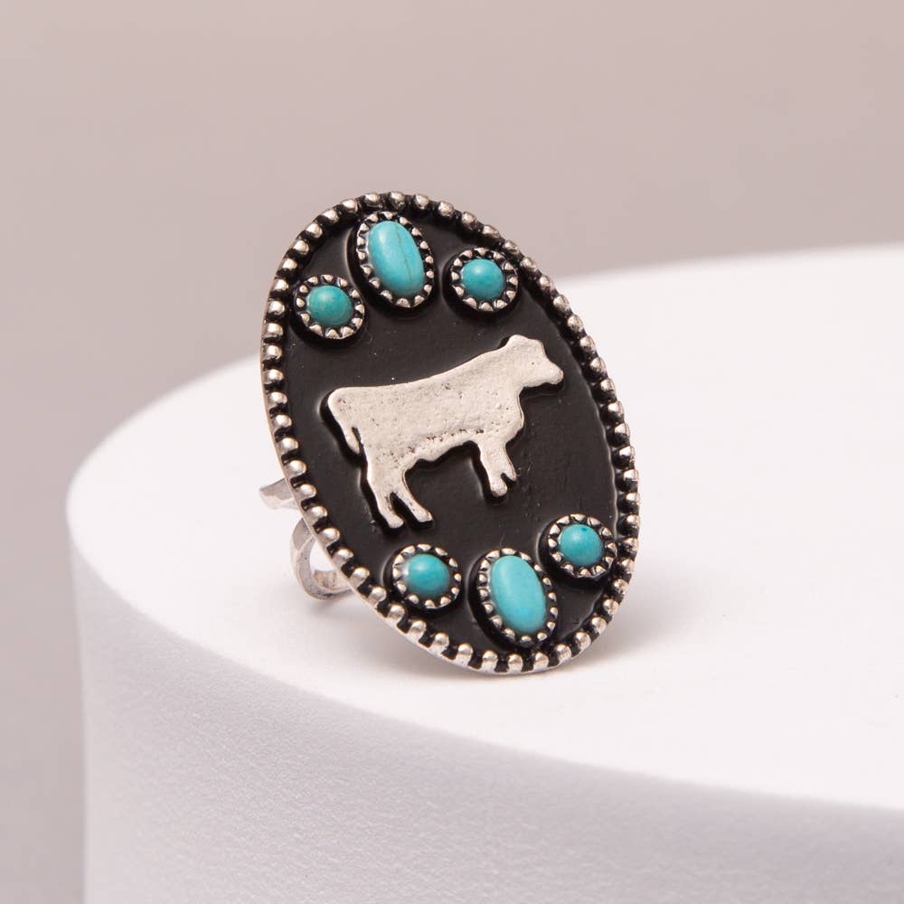 Western Cow Silhouette Cuff Ring with Turquoise Accents