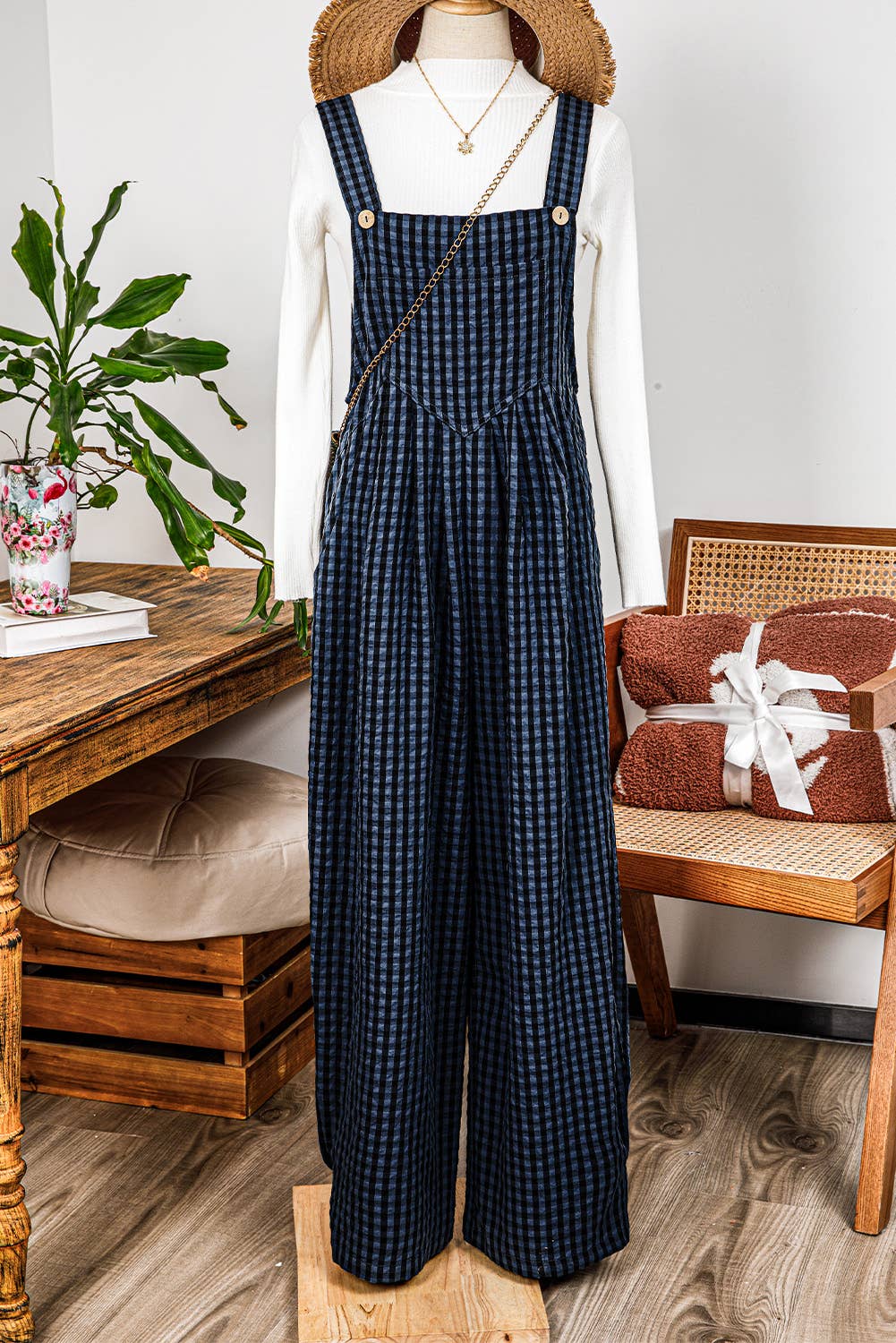 Plaid Print Buttoned Pocketed High Waist Overall