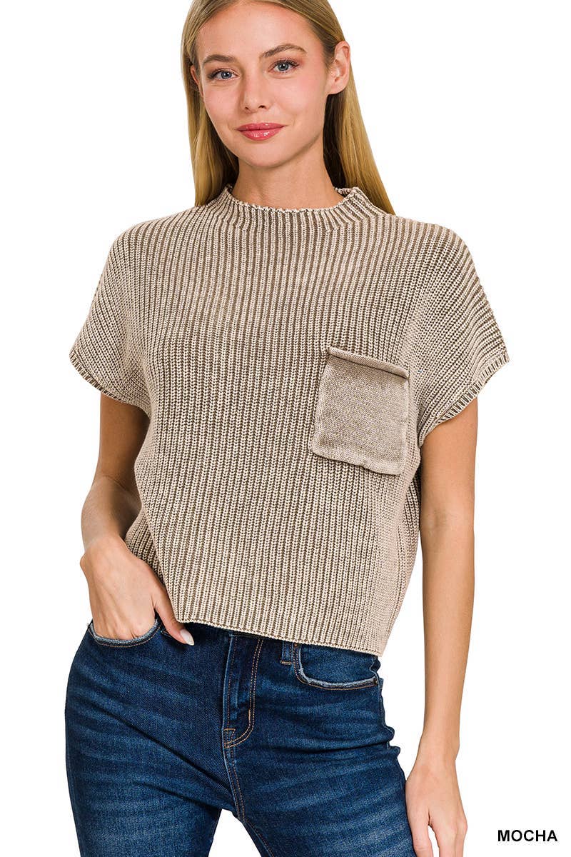 Washed Mock Neck Short Sleeve Cropped Sweater