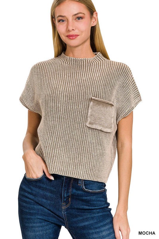 Washed Mock Neck Short Sleeve Cropped Sweater