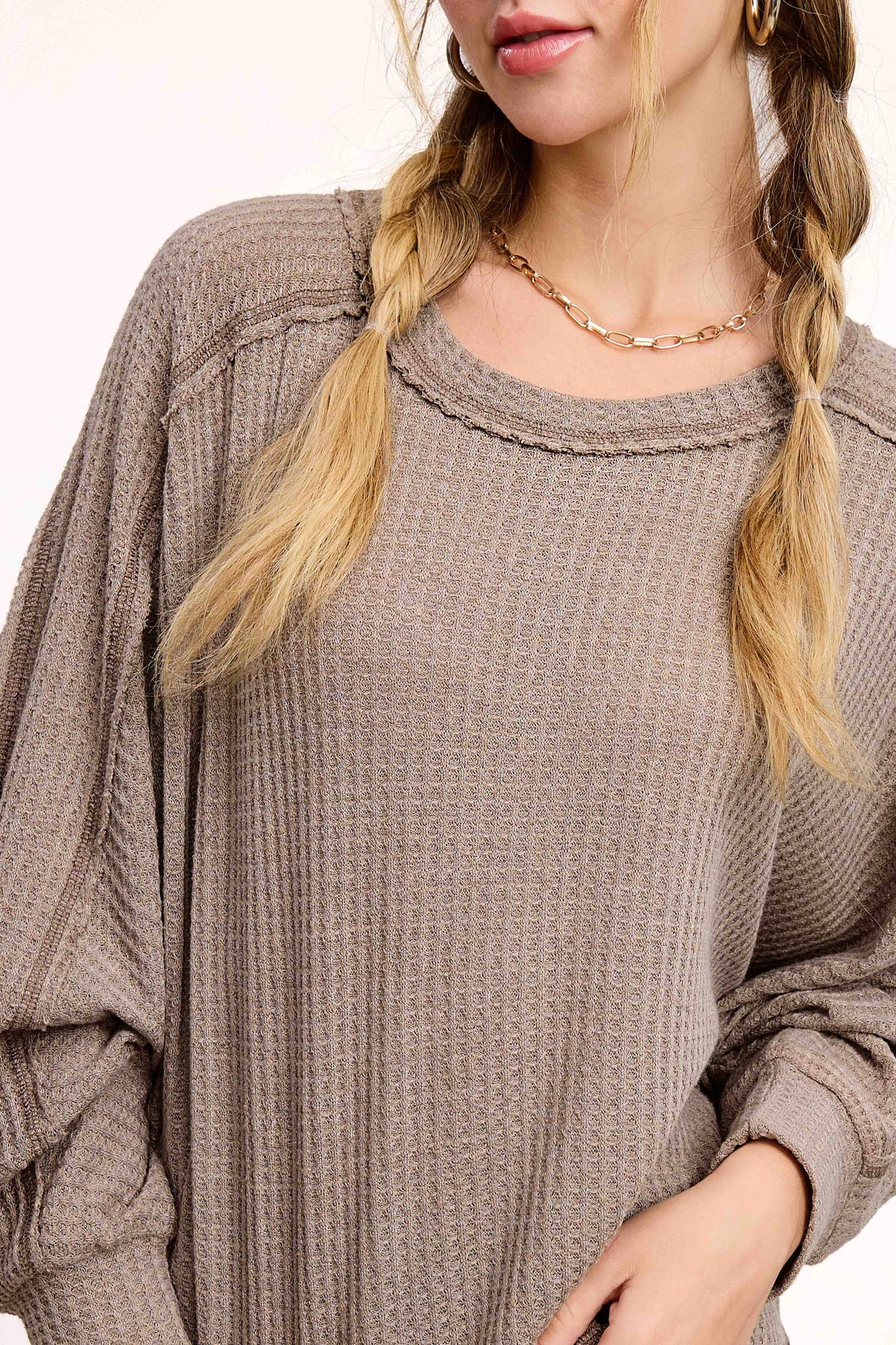Brushed Waffle Fabric Loose Fit Long Sleeve Top