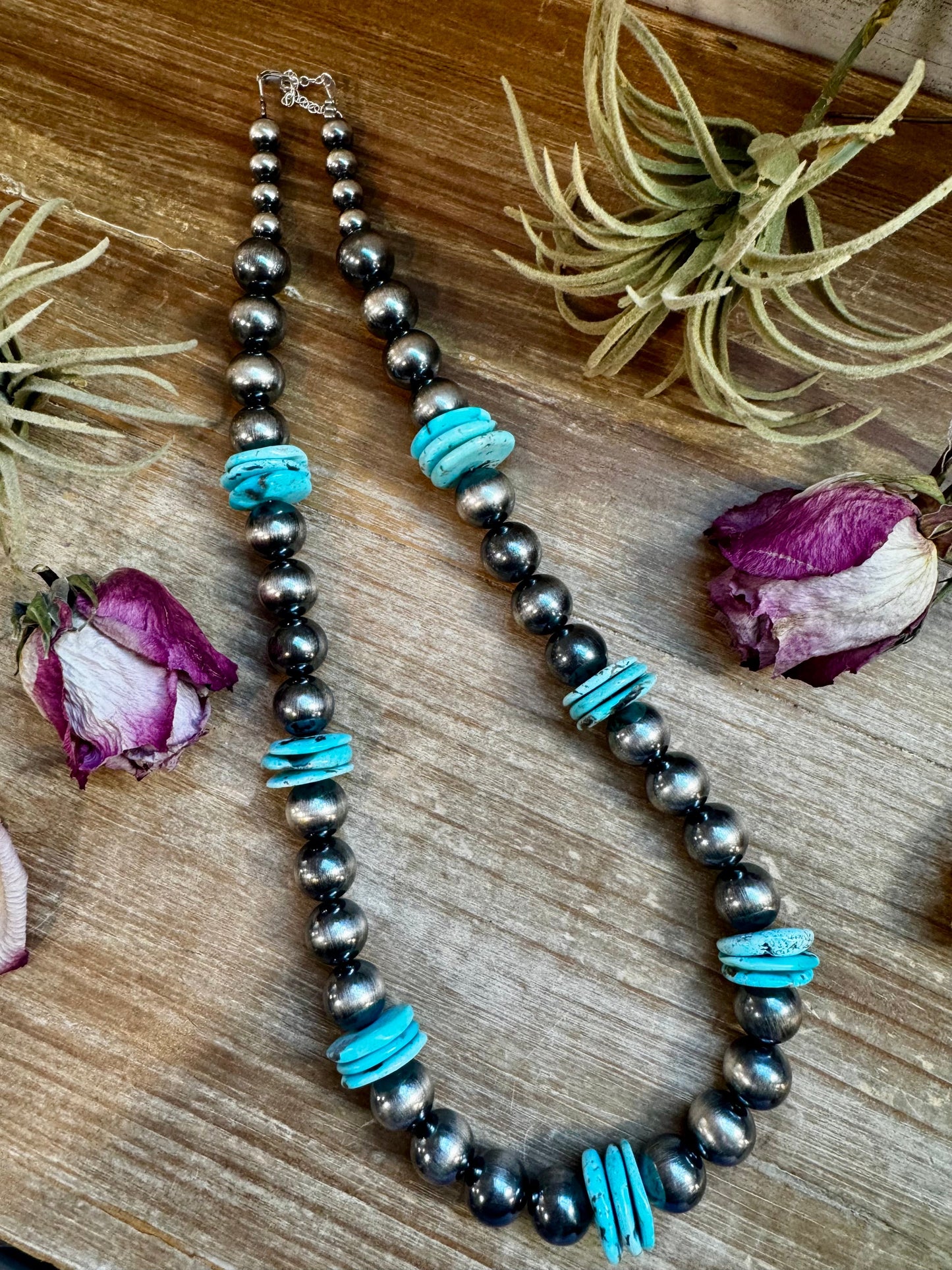 NFR Collection Necklace – 8mm & 14mm Sterling Silver Pearls with 20mm Turquoise Disc – Handmade by The Bijoux FAB – 23.5"