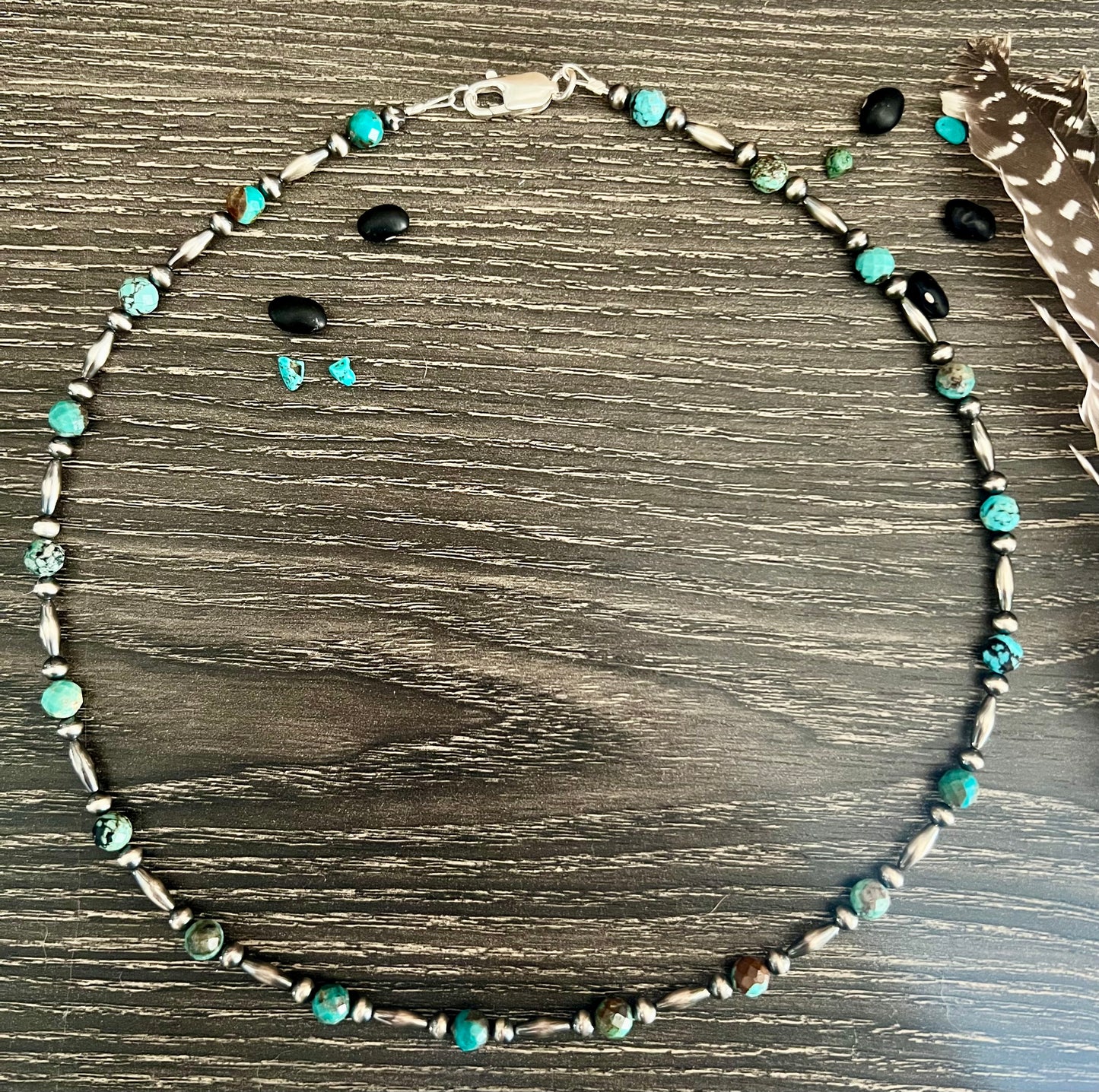 19.5” Sterling Torpedo and Round Bead Necklace with Microfaceted Ombré Turquoise