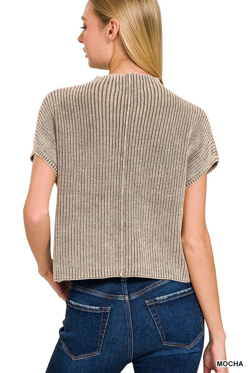 Washed Mock Neck Short Sleeve Cropped Sweater