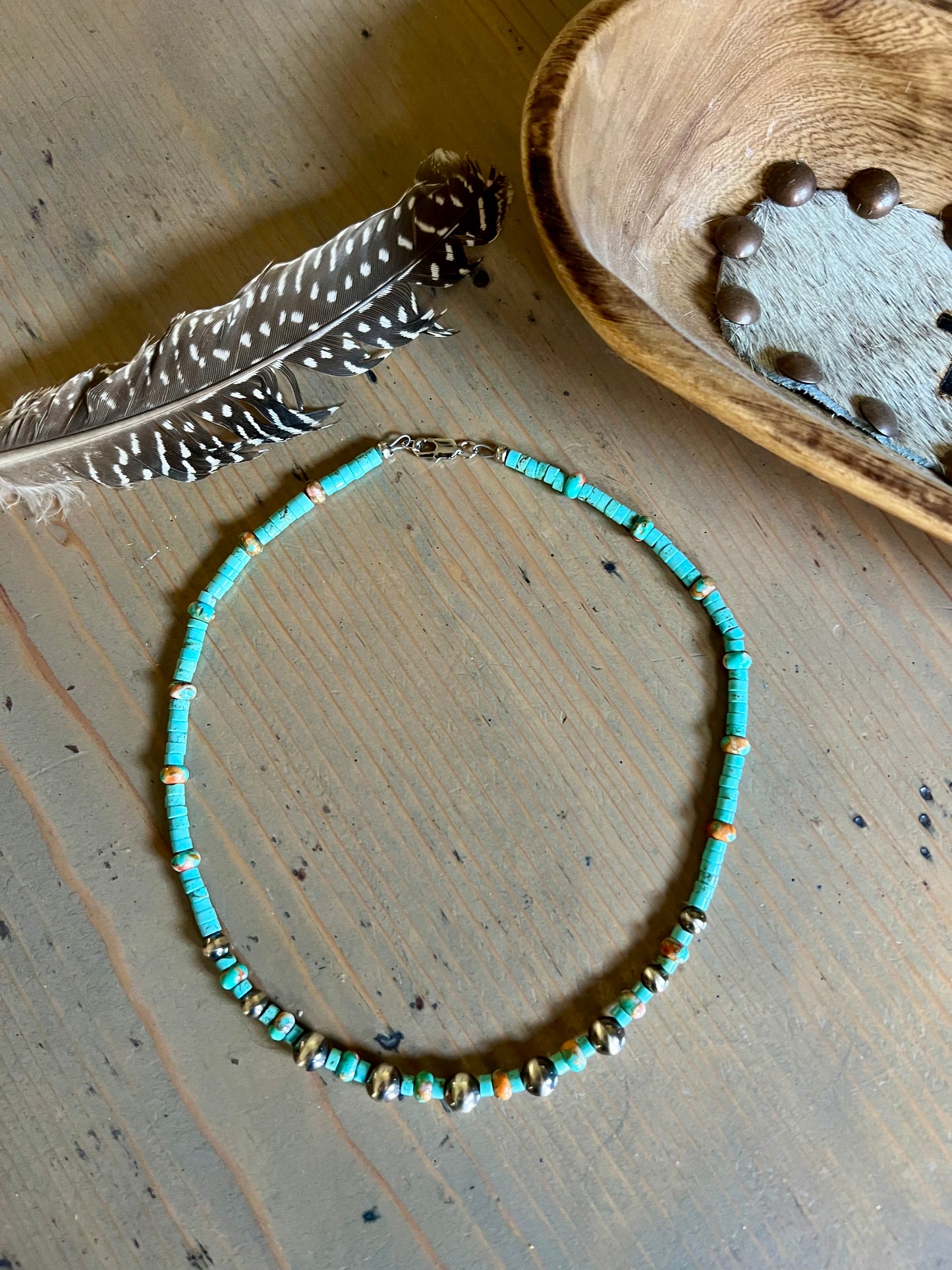 16” Heishi Turquoise, Spiny Mojave Copper and Turquoise Bead Necklace with Sterling Pearls