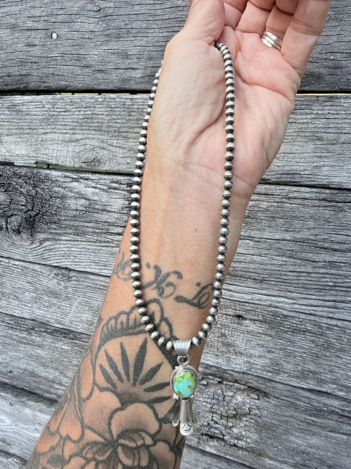 Navajo Made Sharon McCarthy Sonoran Gold Squash Blossom Pendant on 5mm Sterling Pearls