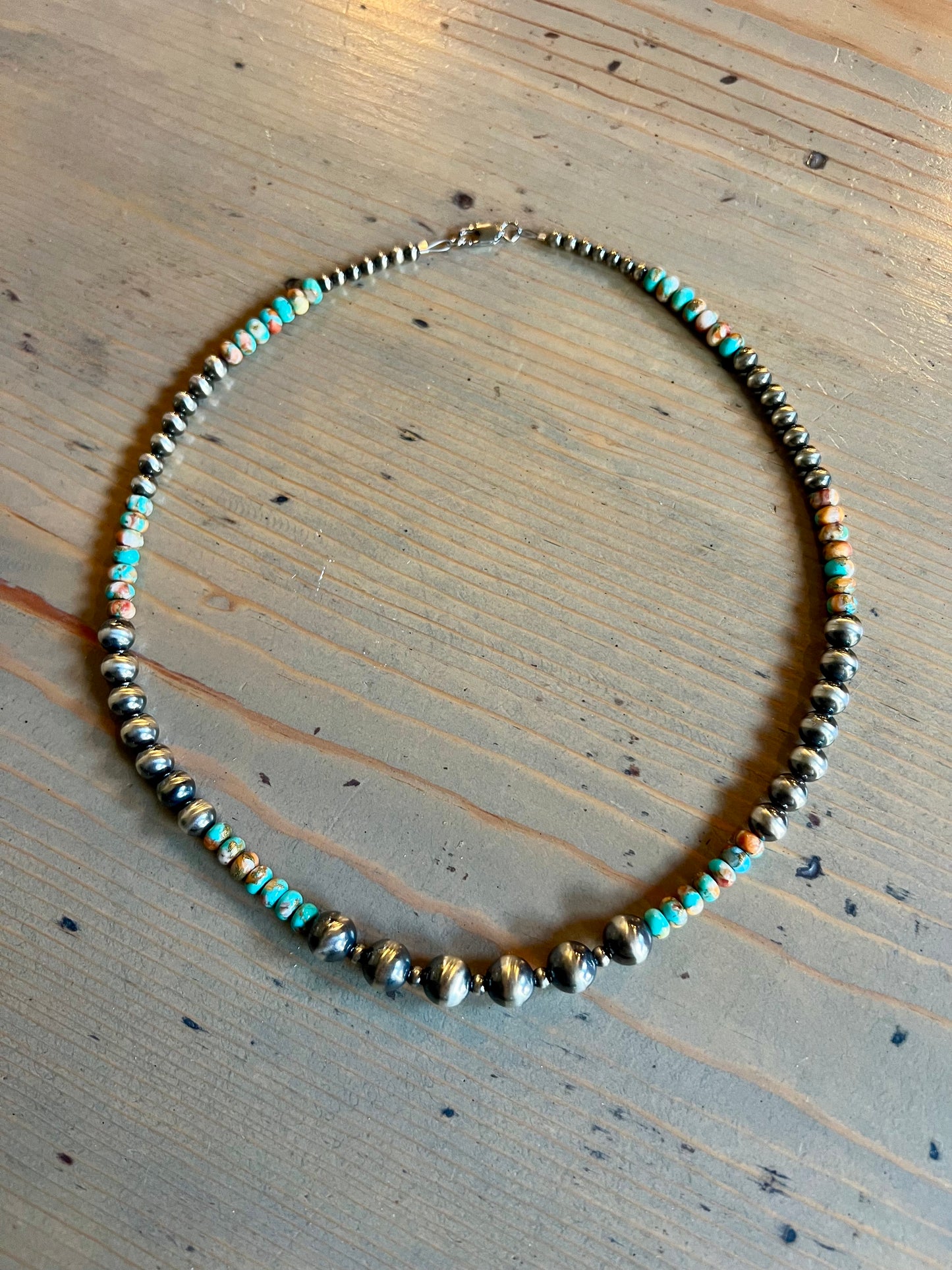 20” Sterling Pearl and Orange Spiny Mojave Copper and Turquoise Beads