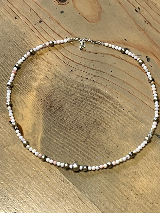 Sterling Silver Pearl and Pink Opal Necklace