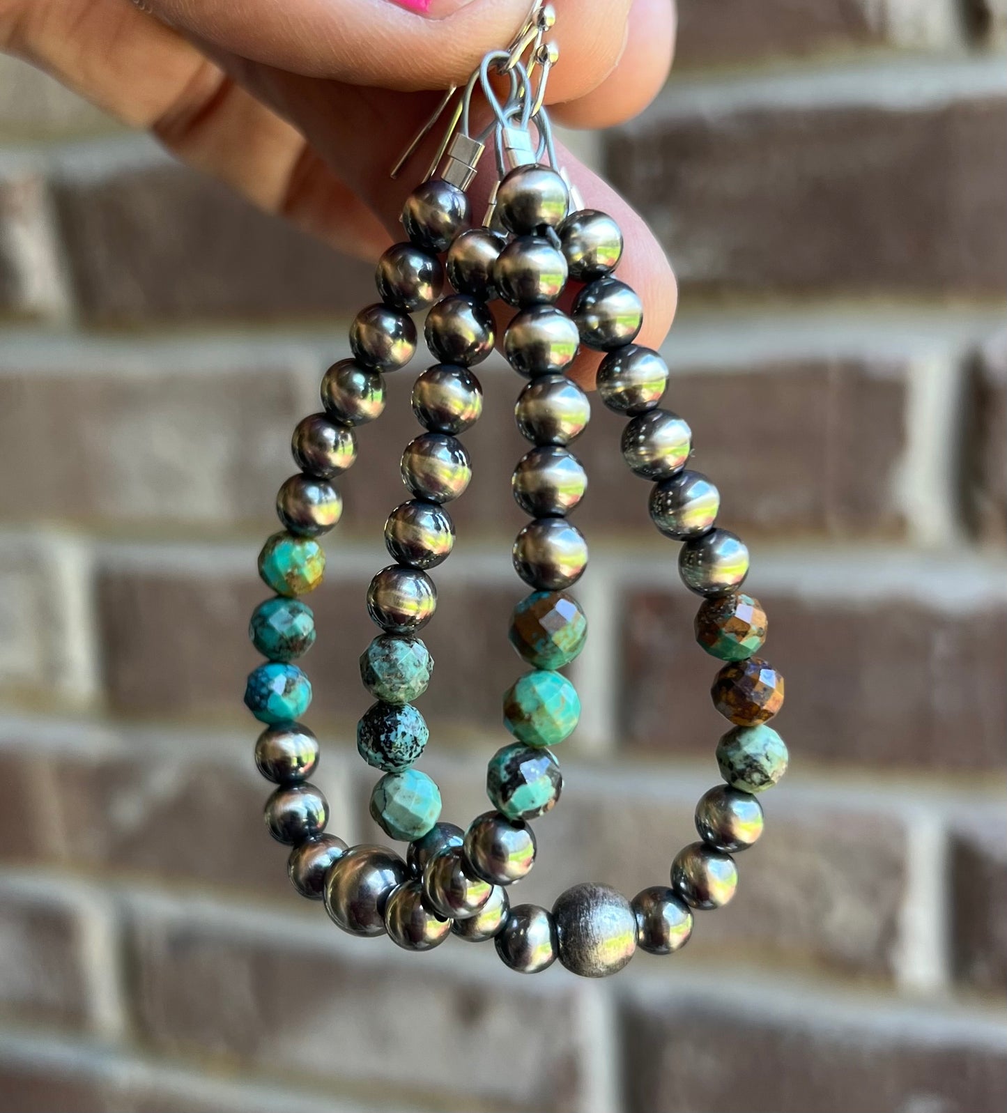 6, 8mm Sterling Pearl and Microfaceted Turquoise Earrings