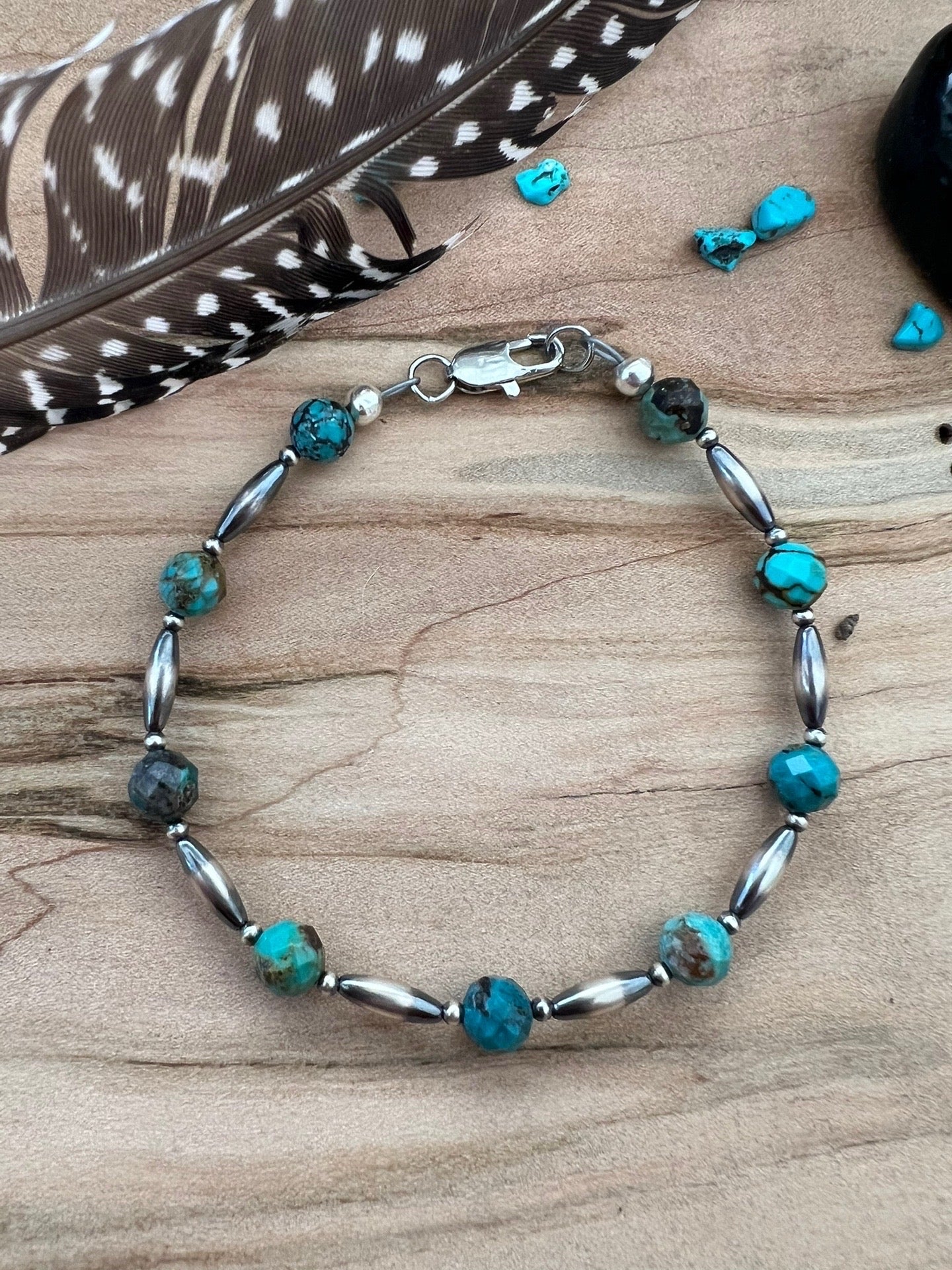 7.5” Sterling Torpedo Pearl and Turquoise Microfaceted Bead Bracelet