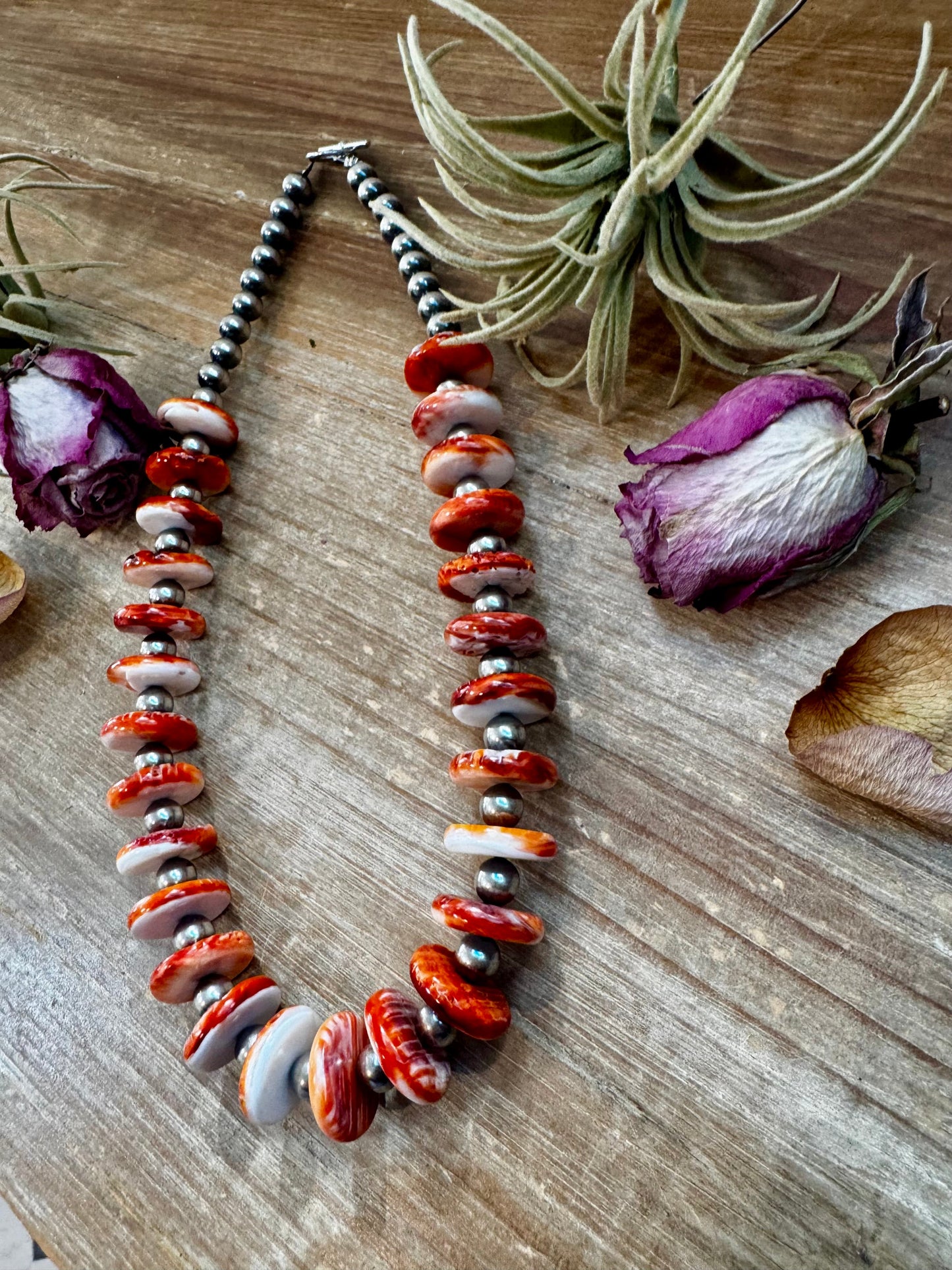 NFR Collection Necklace – 8mm Sterling Silver Pearls with 16mm Spiny Oyster Rondelle – Handmade by The Bijoux FAB – 20"