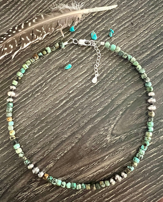 Turquoise Cube Bead with Sterling Pearl Necklace