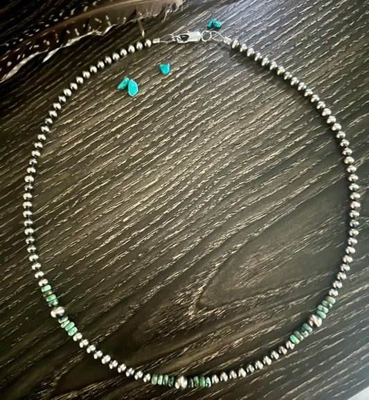 4mm Sterling Pearl Necklace with Turquoise and 6 mm Sterling Pearl