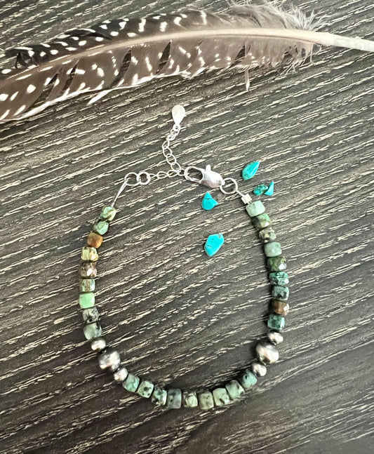 Turquoise Cube Bead and Sterling Pearl Bracelet