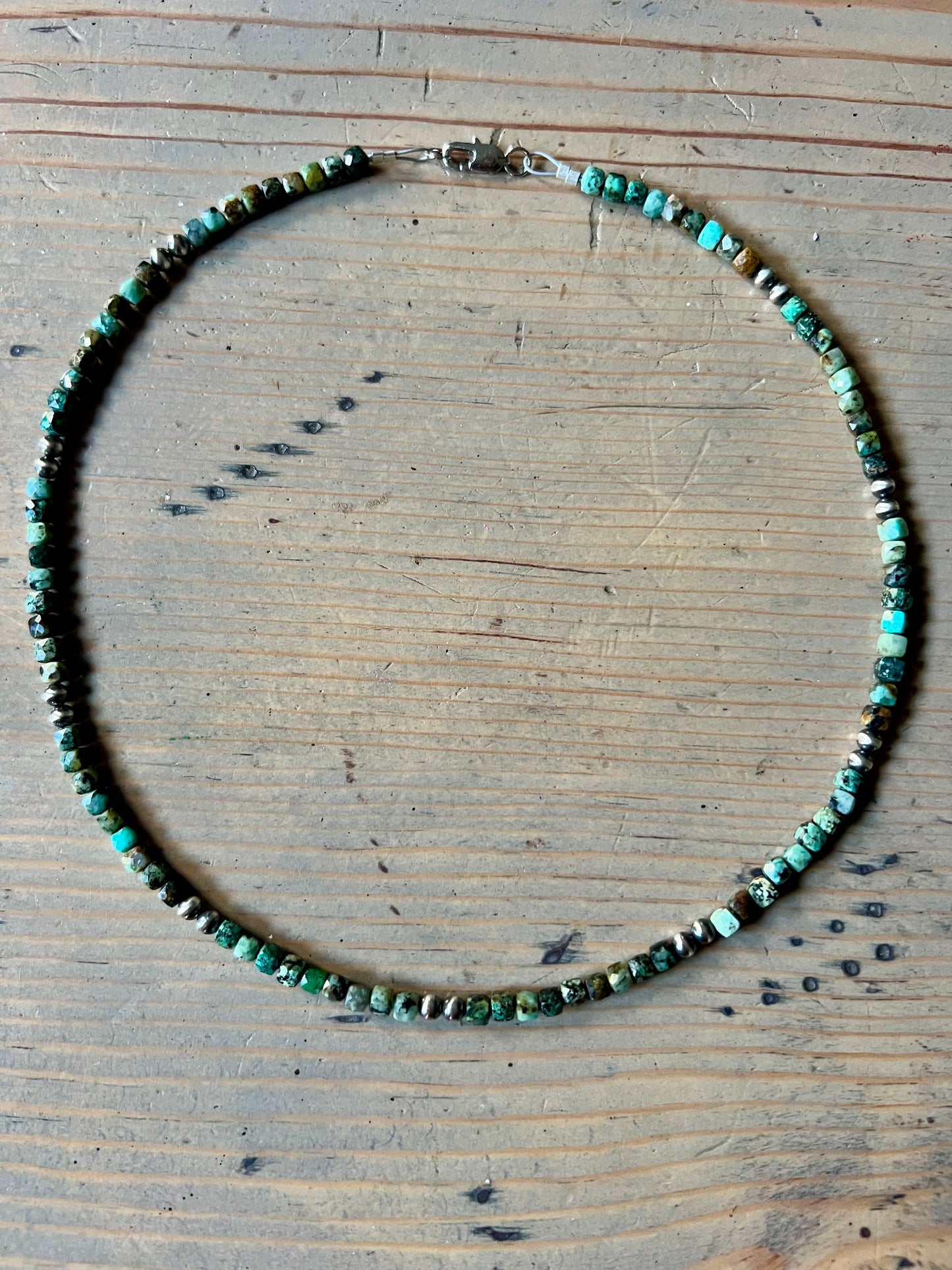 Turquoise Cube Bead Necklace with 4 mm Sterling Pearls