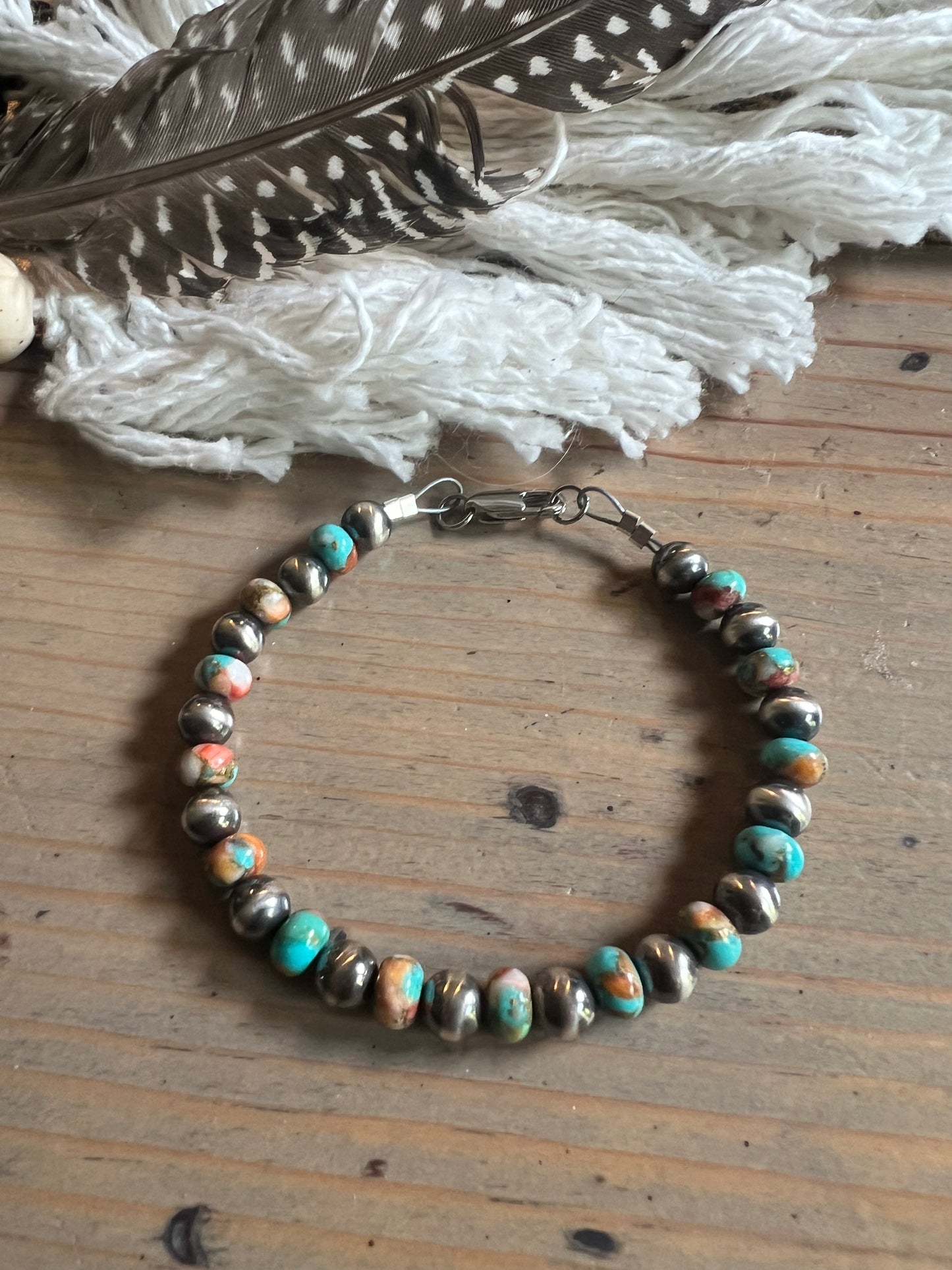 Turquoise and Mojave Copper with 6 mm Sterling Pearl Bracelet