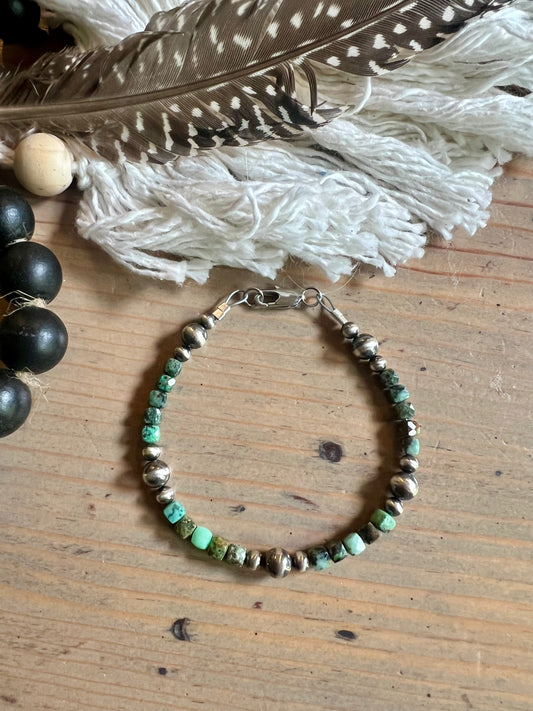 Turquoise Cube Bead with 4 and 6mm Sterling Pearl Bracelet