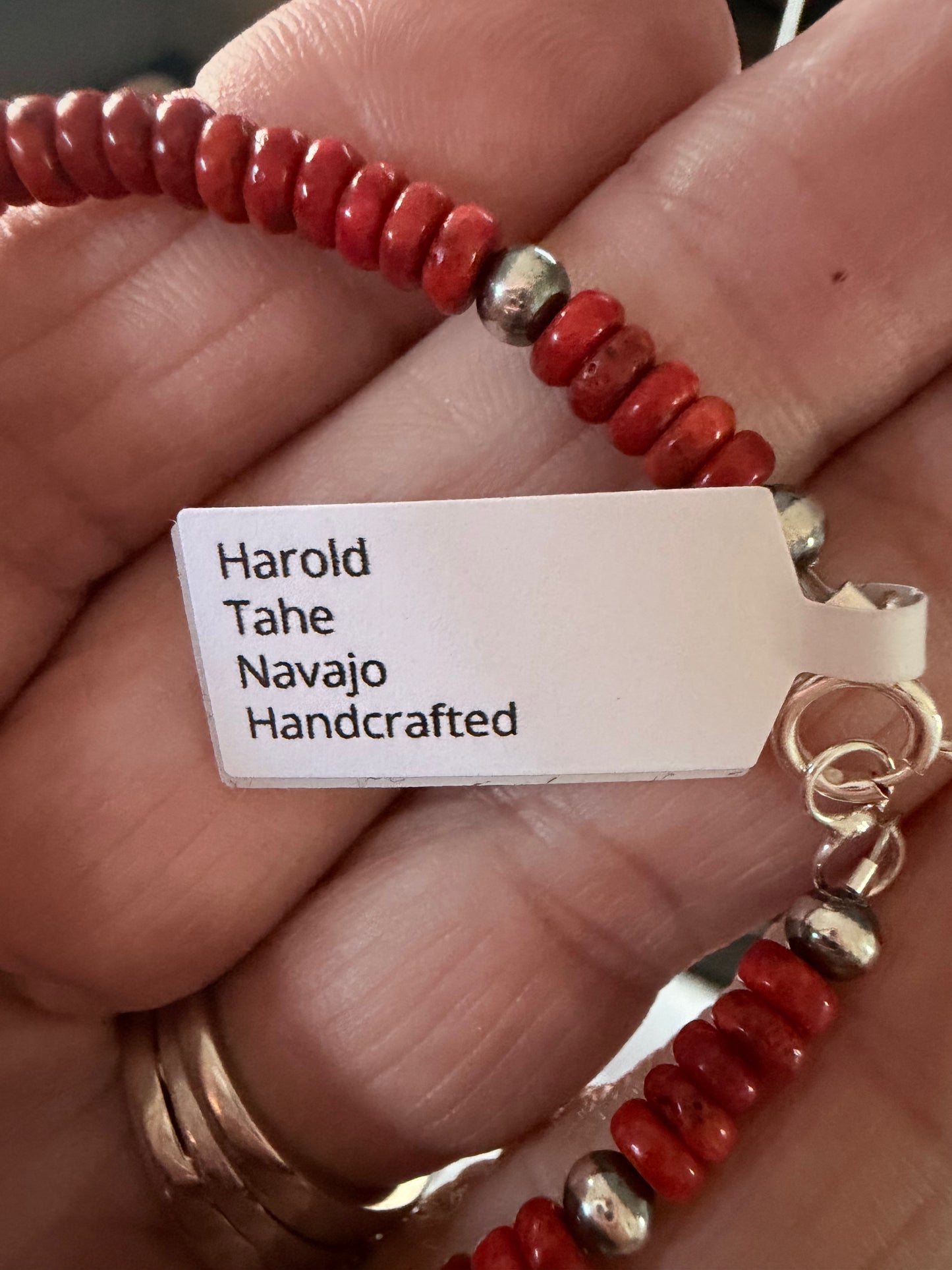 Sterling Silver and Apple Coral Navajo Pearl Bracelet Native Made By Harold Tahe