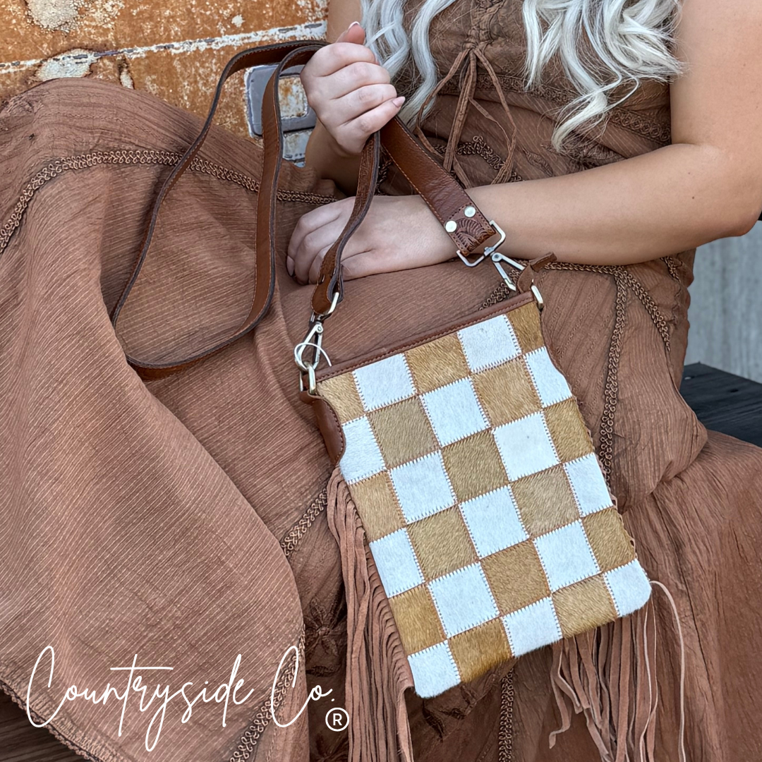 Stockdale Checkered Cowhide Fringe Purse, Brown & White