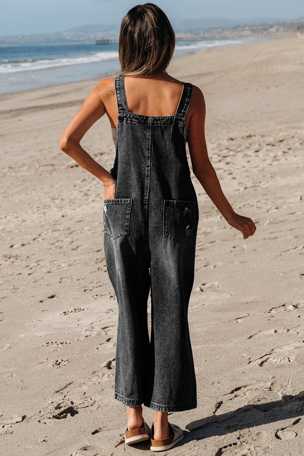 Distressed Pocketed Wide Leg Capri Denim Overall