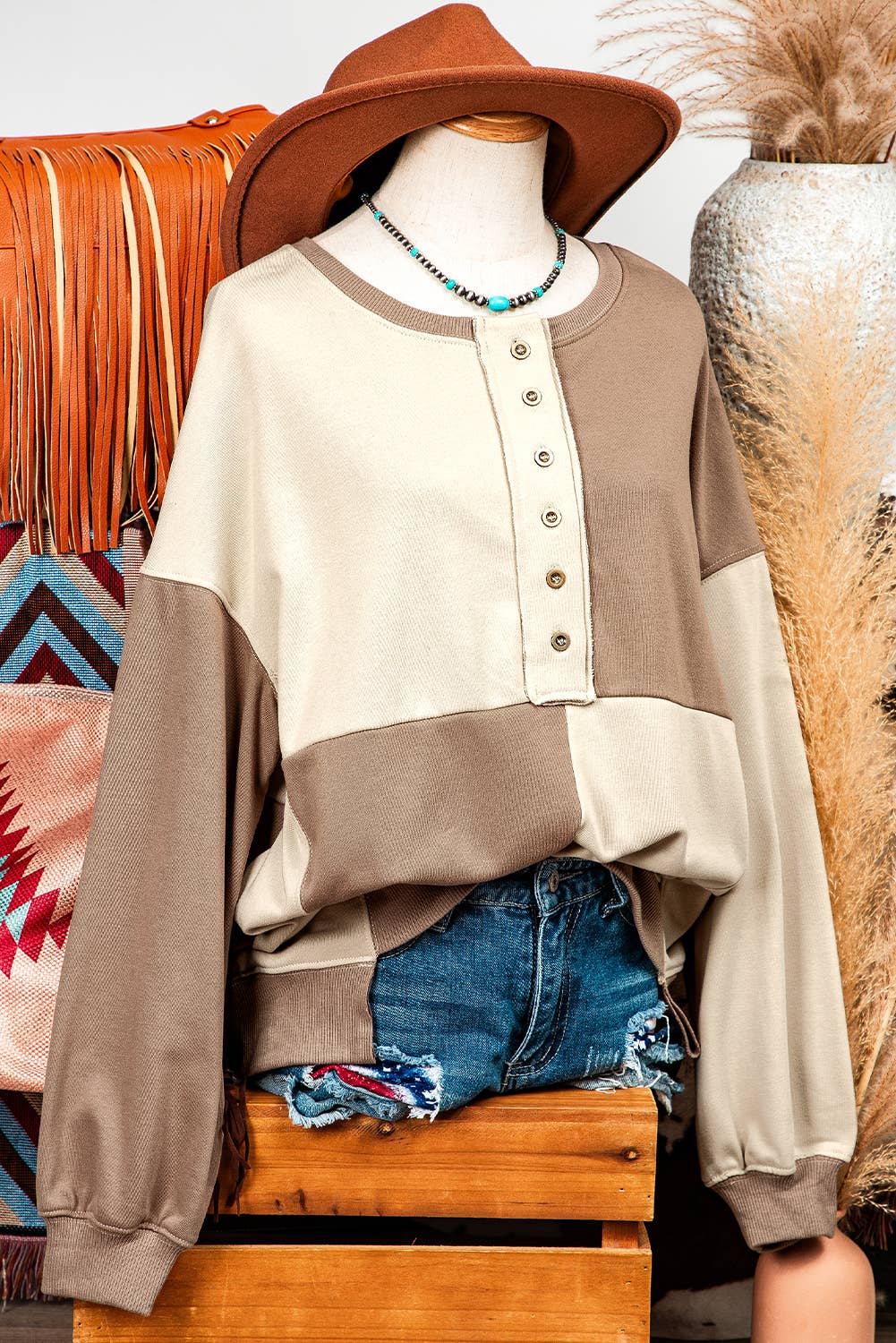 Colorblock Henley High Low Oversize Sweatshirt