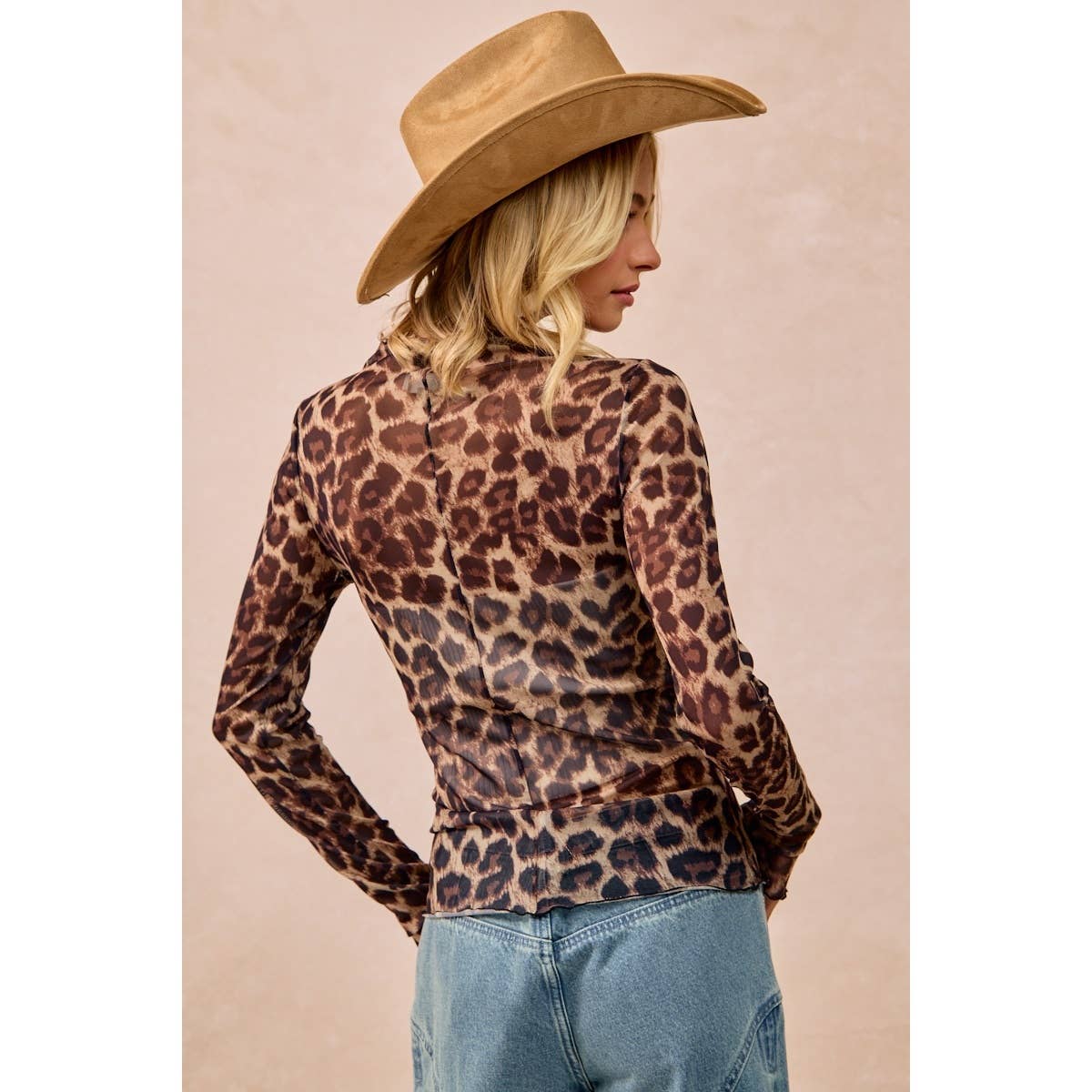 MESH LEOPARD PRINTED TOP WITH LONG SLEEVES