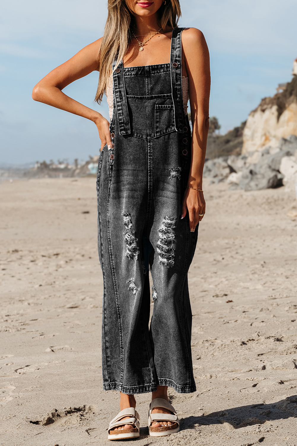 Distressed Pocketed Wide Leg Capri Denim Overall