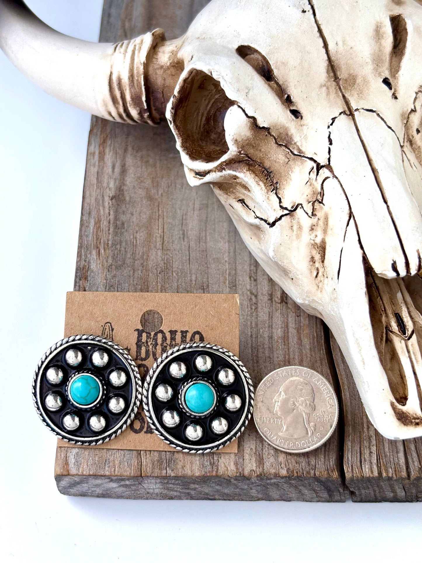 Round Western Concho with Turquoise Stone Stud Earrings
