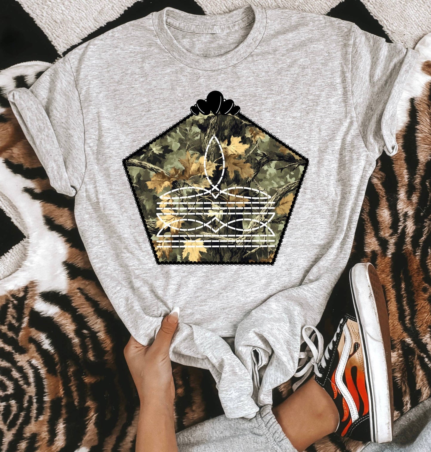 Camo Boot Stitch Tee or Crewneck