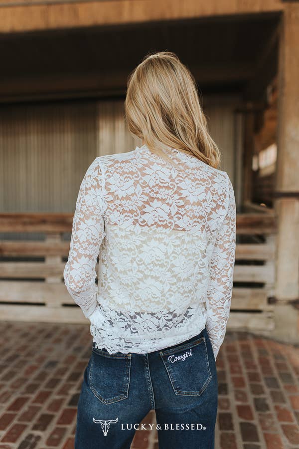 Ivory Floral Lace Mock Neck Long Sleeve Top