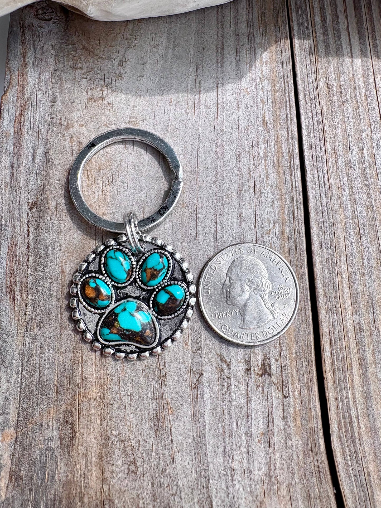 Dog Paw Stone Round Metal Pendant Keychain