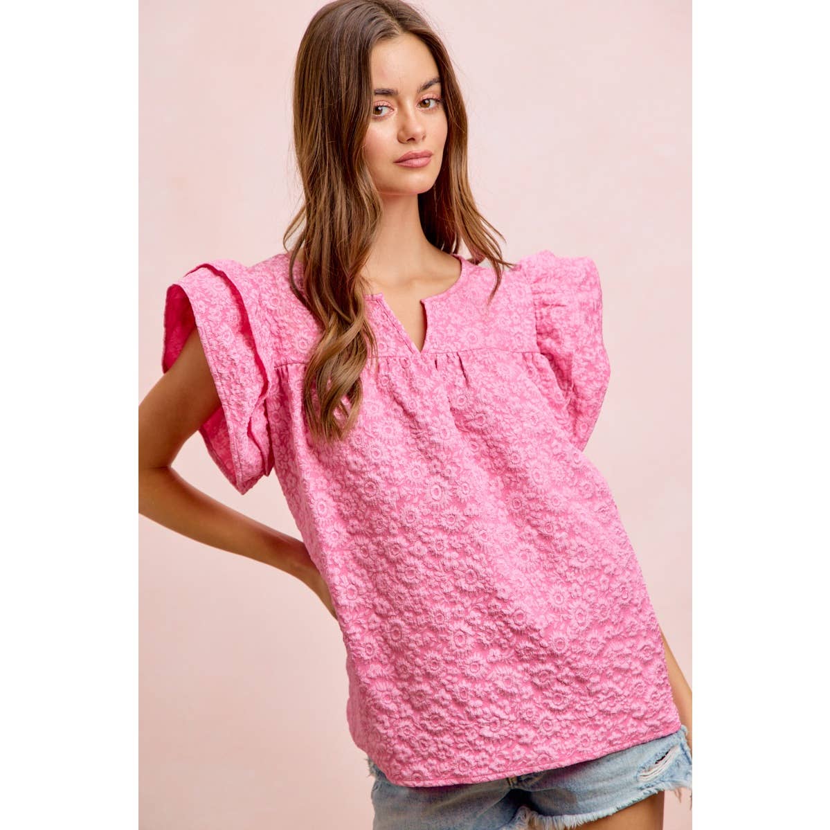 FLOWER JACQUARD RUFFLED NECK DROP BLOUSE TOP