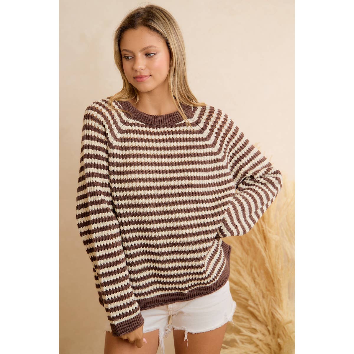 CLASSIC BROWN STRIPED RELAXED FIT KNIT PULLOVER SWEATER