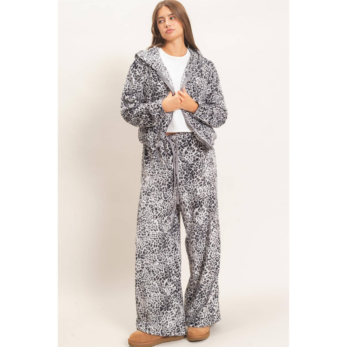 Leopard Print Fleece Wide-Leg Pants