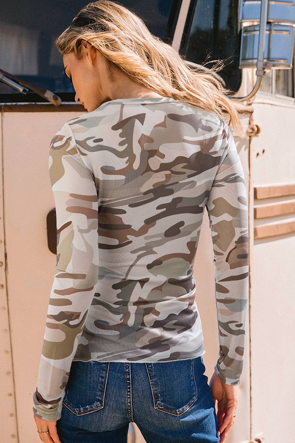 Western Camouflage Print Mesh Long Sleeve Top