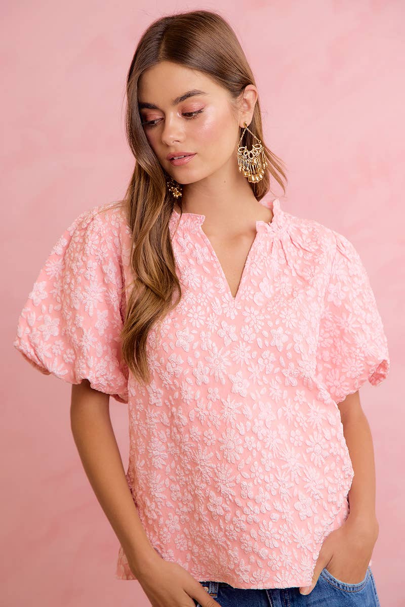 FLORAL PATTERN TEXTURE SLEEVES RUFFLED V-NECK TOP