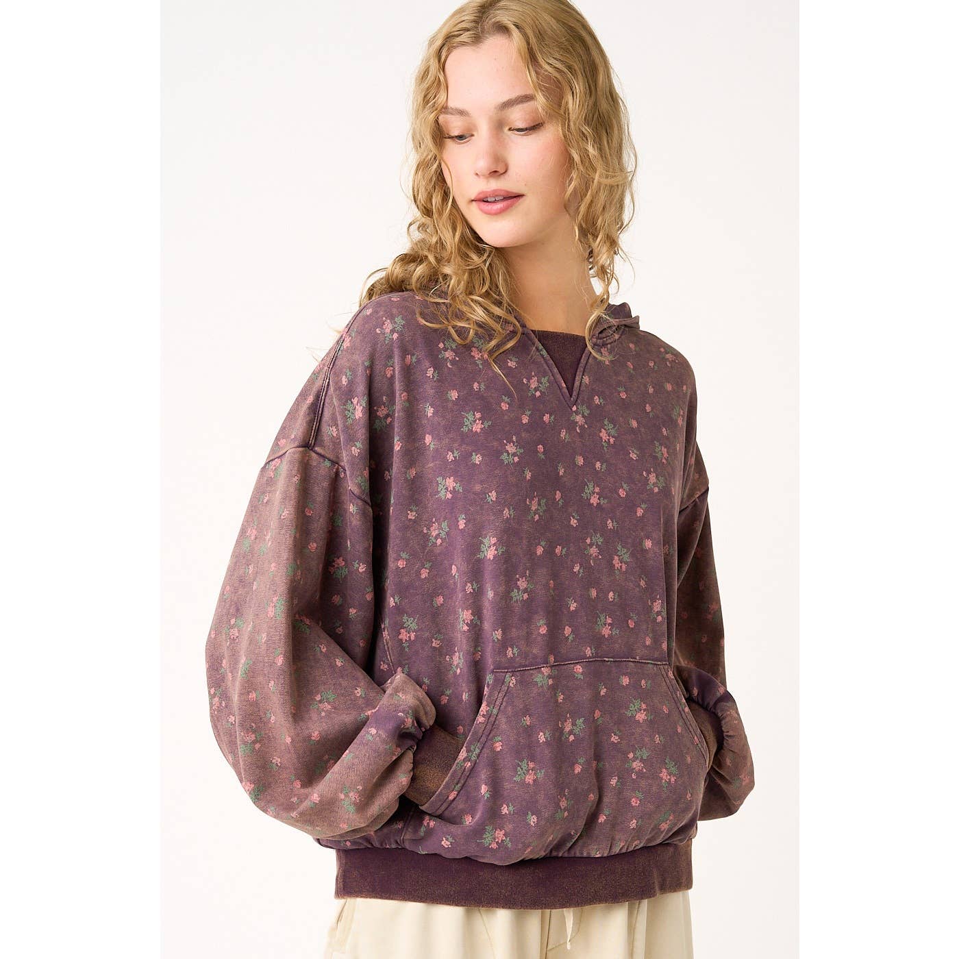 FLORAL PRINT RELAXED FIT HOODIE PULLOVER