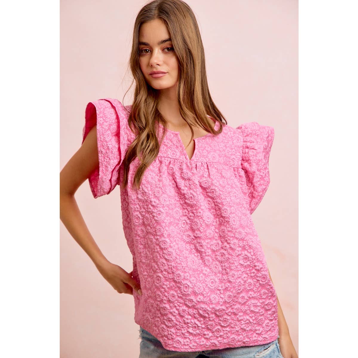 FLOWER JACQUARD RUFFLED NECK DROP BLOUSE TOP