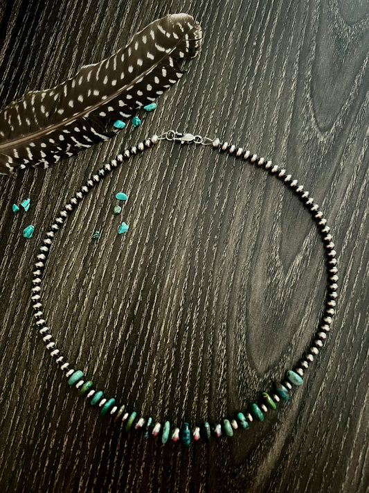 17” Turquoise Disk Bead and 6mm, 4mm Sterling Pearl Necklace