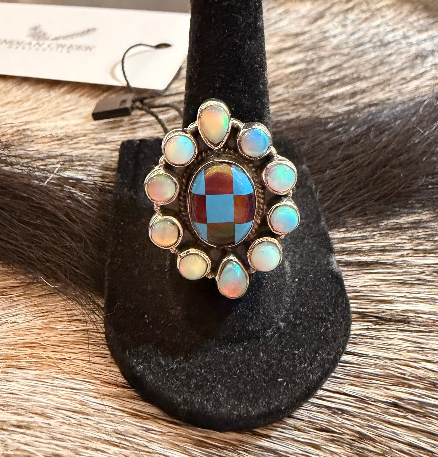 Checkered and Opal Adjustable Sterling Ring